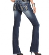 Embroidered feathers with rhinestones add eye-catching appeal to these Miss Me bootcut jeans -- perfect for a daytime-glam look!