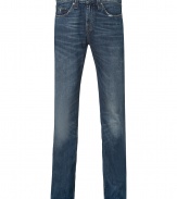 These stylishly distressed jeans from J Brand are a must-have casual staple - Classic five-pocket styling, whiskering and fading, straight leg, indigo denim wash - Style with a graphic tee or a long sleeve henley, a biker jacket, and boots