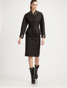 Rich texture adds to the allure of this slim pencil skirt.Wide woven waistband Back zipper Back walking slit About 28 from natural waist 33% acrylic/31% acetate/13% polyester/8% rayon/8% nylon/7% polymetallic Dry clean Made in USA