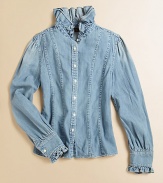 An easy, casual shirt of classic cotton denim is adorned with girlie ruffles and shaping seams for a tailored look.Ruffled stand collarLong sleeves with ruffle-trimmed barrel cuffsButton-frontFront and back princess seamingCottonMachine washImported Please note: Number of snaps may vary depending on size ordered. 