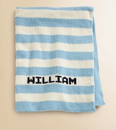 Stripes on the front, solid on the back and remarkably soft all over...this modern baby blanket is sure to be a new forever favorite. CottonMachine washMade in USAFOR PERSONALIZATION Select a quantity, then scroll down and click on PERSONALIZE & ADD TO BAG to choose and preview your personalization options. Please allow 4-6 weeks for delivery. 