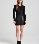 A metallic 10 Crosby Derek Lam sweater dress with faux leather trim at the neckline is a modern take on the classic knit style, ribbed for a body-con fit and featuring large front patch pockets so style essentials are always close at hand.