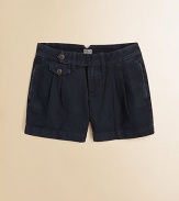 Stylish shorts in sleek, versatile denim is designed with trouser details.Front button closureWaistband with belt loopsZip flyButton-flap welt pocketOn-seam welt pocketsSingle-button welt pocketFront pleatsCottonMachine washImported