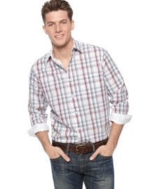 City meets country. You'll be comfortable down home or on urban streets in this versatile plaid button-front shirt from Club Room.