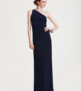 Opt for simple, modern elegance in this one-shoulder gown from Laundry by Shelli Segal. Sparkling beadwork decorates one side.