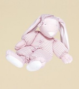 Soft velboa with pastel stripe jersey knit union suit body is perfect for snuggling. Matching stocking cap Embroidered eyes Long fuzzy soft ears 100% polyester fill 22 L Machine wash Imported Recommended for infants and up