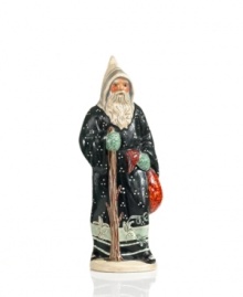 Father Christmas traverses the world on foot with walking stick and bag of treasures in tow. Made with an antique chocolate mold and then hand-painted for sweet, uniquely Vaillancourt style. Father Christmas traverses the world on foot with walking stick and bag of treasures in tow. Made with an antique chocolate mold and then hand-painted for sweet, uniquely Vaillancourt style.