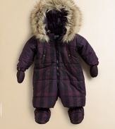 Adorable check-covered suit with detachable faux-fur trimmed hood, gloves and booties.Front snaps at hood Front zipper closure Front snap pockets Snap-off glove and bootie Polyester with polyester fill Machine wash Imported