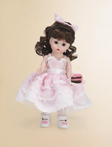 This pretty brunette miss brings birthday wishes to a lucky young lady on her special day.8 cloth dollDressed in a pink, full-skirted frock with floral embroidery and white Mary Jane slippersShe offers a luscious-looking slice of birthday cakeRecommended for ages 3 and upImported This pretty brunette miss brings birthday wishes to a lucky young lady on her special day.8 cloth dollDressed in a pink, full-skirted frock with floral embroidery and white Mary Jane slippersShe offers a luscious-looking slice of birthday cakeRecommended for ages 3 and upImported