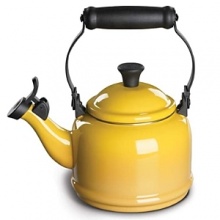 Elegant and timeless, this whistling tea kettle is a great way to revive tea time for two. Glazed with hard glossy enamel on steel, it offers superior craftsmanship and brings a blast of color to the range. The unique locking handles and phenolic knobs make lifting, pouring and cleaning easy. Elegant and timeless, this whistling tea kettle is a great way to revive tea time for two. Glazed with hard glossy enamel on steel, it offers superior craftsmanship and brings a blast of color to the range. The unique locking handles and phenolic knobs make lifting, pouring and cleaning easy.