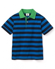 A bright green color punches up Lacoste's striped jersey polo--a stylishly preppy companion for jeans or chinos. A bright green color punches up Lacoste's striped jersey polo--a stylishly preppy companion for jeans or chinos.