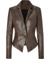 Luxe jacket in supple, brown-green stretch leather - A sleek, sophisticated standout from French luxury label Jitrois - Slim, ultra-fitted style tapers at waist - Medium-sized collar and lapels - Flattering darts at bust and elegant, single-button closure - Asymmetric hem, jacket is cut shorter in the back - Polished and sexy, a feminine take on masculine tailoring - Pair with a pencil skirt, button down blouse and pumps by day, and wear with slim trousers, a silk tank and ankle booties at night
