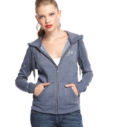 This GUESS? fleece hoodie keeps you warm with a little boyfriend flair!