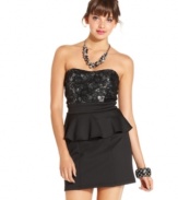 A peplum skirt outlines your best assets in this strapless dress from Trixxi! Lace and sequins add charm!