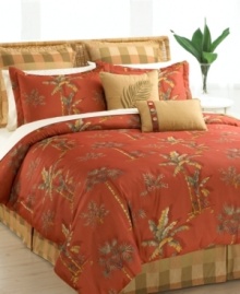 Boasting a sunny palm tree print and refreshing orange hue, the Spiced Palm comforter set brightens your room with the inviting ambiance of a tropical escape. The printed comforter and shams harmonize beautifully with the green plaid European shams and coordinating decorative pillows for a look as uplifting as a seaside getaway. Boasting a sunny palm tree print and refreshing orange hue, the Spiced Palm comforter set brightens your room with the inviting ambiance of a tropical escape. The printed comforter and shams harmonize beautifully with the green plaid European shams and coordinating decorative pillows for a look as uplifting as a seaside getaway.