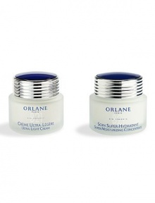 This exclusive Orlane Paris set includes the full sizes of the Super Hydratant Super Moisturizing Concentrate and the Ultra Light Cream - two magnificent treatments in one set. Super Moisturizing Concentrate is an intensive moisturizing and energizing formula that works all day to restore skin's optimal moisture balance. Use in the morning before makeup application and/or at night to help your skin regain its supple, satin-smooth feel. This exclusive Orlane Paris set includes the full sizes of the Super Hydratant Super Moisturizing Concentrate and the Ultra Light Cream - two magnificent treatments in one set. Super Moisturizing Concentrate is an intensive moisturizing and energizing formula that works all day to restore skin's optimal moisture balance. Use in the morning before makeup application and/or at night to help your skin regain its supple, satin-smooth feel.