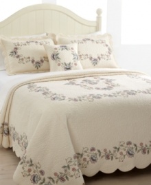 Sleeping beauty. Delicately embroidered blossoms and meandering vines embellish cloud-like quilting for a look of enchantment. Finished with scalloped edges. Sleeping beauty. Delicately embroidered blossoms and meandering vines embellish cloud-like quilting for a look of enchantment. Finished with scalloped edges.