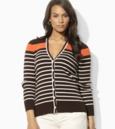 An earthy palette with a modern mix of stripes lends relaxed elegance to this Lauren by Ralph Lauren plus size cardigan, rendered in stretch ribbed-knit cotton with a buttoned placket for cozy comfort.