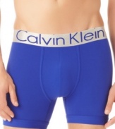 A not-so-basic basic: Calvin Klein puts the brand's high-style spin on boxer briefs by adding bright microfiber and a metallic waistband.