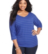 Show off your sparkle this season in Extra Touch's three-quarter-sleeve plus size top, featuring metallic stripes.