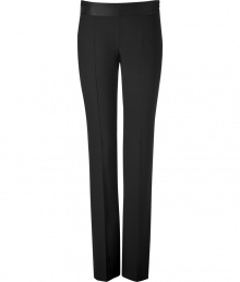 Elegant trousers in fine black stretch wool blend - Wide waistband has a chic, satin-like finish - Side zip, two hip pockets and slit pockets at rear - Modern silhouette and slim cut - Straight leg with flattering crease detail - Chic and polished, ideal for the office and cocktails - Pair with blazers, cropped leather jackets or cashmere pullovers and platform pumps Elegant trousers in fine black stretch wool blend - Wide waistband has a chic, satin-like finish - Side zip, two hip pockets and slit pockets at rear - Modern silhouette and slim cut - Straight leg with flattering crease detail - Chic and polished, ideal for the office and cocktails - Pair with blazers, cropped leather jackets or cashmere pullovers and platform pumps