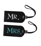 The perfect pair! Make a commitment to your luggage with these easily-identifiable Mr. and Mrs. luggage tags. Standing out in genuine leather, each tag provides a slot for personal identification and easily attaches to your bag.