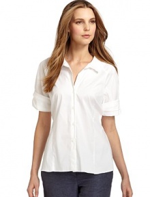 THE LOOKPoint collarButton frontShort raglan sleeves with pleated cuffsFitted seamsTHE FITAbout 24 from shoulder to hemTHE MATERIAL76% cotton/19% polyamide/5% elastaneCARE & ORIGINDry cleanImportedModel shown is 5'9 (175cm) wearing US size 4. THE LOOKPoint collarButton frontShort raglan sleeves with pleated cuffsFitted seamsTHE FITAbout 24 from shoulder to hemTHE MATERIAL76% cotton/19% polyamide/5% elastaneCARE & ORIGINDry cleanImportedModel shown is 5'9 (175cm) wearing US size 4.