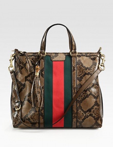 In size and stature, this python bag makes a fashion forward impression and stands up against muted softer tones.Maple brown python with signature webPiping construction and black hand-painted edgesAntique gold hardwareTop handle, 4.7 dropDetachable and adjustable shoulder strap In size and stature, this python bag makes a fashion forward impression and stands up against muted softer tones.Maple brown python with signature webPiping construction and black hand-painted edgesAntique gold hardwareTop handle, 4.7 dropDetachable and adjustable shoulder strap
