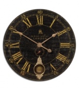 As fashionable as Bond Street in old London, this wall clock by Uttermost is a study in refined sophistication. Crackled black clock face with antique gold lettering and brass accents make this masculine clock an ideal accessory for the home office or study.