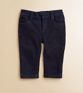 Basic jeans with the comfort of stretch, in a deep, dark rinse with bright contrast stitching.Waistband with inside adjustable tabs and belt loopsHidden hook closeZip flyFront scoop pockets and coin pocketBack patch pockets with contrast stitching, one with LMJ plaque99% cotton/1% elastaneMachine washImported