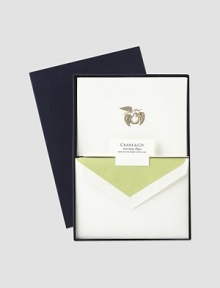 This hand-engraved golden pear notecard brings an air of springtime calm to your casual correspondence. Beautifully appointed pearl white notecards with matching envelopes lined in pear green.  Crisp cotton paper  Set of 25  8W X 5½H  Made in USA