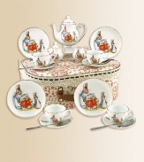 This heirloom quality children's set features Flopsy Mopsy, Cottontail, Peter and their watchful mom. Each porcelain piece is hand-embellished in 22k gold. Set includes four plates, four tea cups & saucers, one tall tea pot, sugar & creamer and four stainless steel spoons all beautifully and safely stored in a fabric-lined trunk case.Beautifully gift boxed, 11.5W X 9H X 4DPorcelainPlate, 3.75DTea cup, 1.5 oz. 