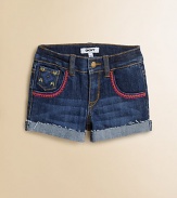 Classic jean shorts get an eye-catching update with colorful embroidery, studded details and slightly distressed, cuffed hem.Button closureWaistband with belt loopsZip flyFive-pocket styleSlightly distressed, cuffed hem68% cotton//31% polyester/1% spandexMachine washImported