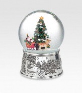 A festive delight, this musical snow globe displays a beautifully decorated tree, Santa and his reindeer, to the tune of Jingle Bells.Intricately detailed silverplate base6.25HElegantly packaged for gift-giving and storageImported