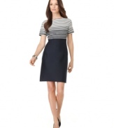 Stripes make a striking statement, especially when set against a solid. Evan Picone outfits this sheath with a dose of that design for a look that pairs easily with almost any color shoe or jewel in your wardrobe!