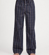 Woven pant features classic styling and modern, eye-catching check pattern.Elastic drawstring waistInseam, about 32CottonMachine washImported