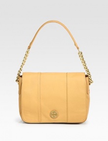 Buttery smooth calfskin in a demure flap silhouette, finished with goldtone hardware.Chain and leather shoulder strap, 8 drop Magnetic flap closure One outside open pocket One inside zip pocket Cotton lining 10½W X 8H X 5D Imported