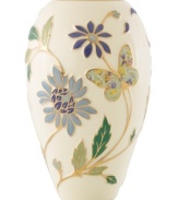 Give your decor a lift with the fresh and breezy Botanical Butterfly vase. Periwinkle florals and graceful butterflies with the look of traditional cloisonne capture the glory of spring in Lenox porcelain. With a simple silhouette and radiant gold accents for added elegance. Qualifies for Rebate