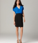 This colorblocked wrap-style DKNYC dress is perfect for everyday desk-to-dinner style -- add accessories to up the fashion factor!