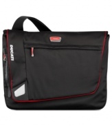 You're ready to race. Sleek, stylish and performance-driven, this Tumi Ducati messenger bag features a racing-inspired design with a roomy interior, a protective laptop pocket and endless accessory pockets, all secured under a flap closure. Perfect for biking and speeding through town, this bag features a comfort shoulder strap with stabilizer strap for securing around your waist. Lifetime warranty.