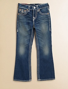 A dark-wash, five-pocket style is updated with whiskering, fading and bold, white topstitching in a bootcut silhouette.Front button closureAdjustable waistband with belt loopsZip flyFive-pocket styleCottonMachine washImported of domestic fabric A dark-wash, five-pocket style is updated with whiskering, fading and bold, white topstitching in a bootcut silhouette.Front button closureAdjustable waistband with belt loopsZip flyFive-pocket styleCottonMachine washImported of domestic fabric