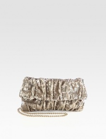 Be the star of the party with this ruched, sequined design.Concealable chain shoulder strap, 24 dropMagnetic snap flap closureOne inside zip pocketCotton lining9½W X 5H X 1DMade in Italy