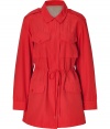 Stylish jacket made ​.​.of fine, red cotton-nylon blend - Casual but feminine parka-form is long with drawstring waist, shoulder bars, flap pockets, small collar and concealed zip - A favorite jacket for spring, it is trendy and protective - Pair with skinny jeans and boots, or cropped chinos and ballet flats