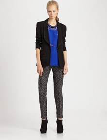 The single-button blazer, sleekly tailored for a long, lean fit.Shawl collarButton closureBodice seamsWelt & patch pocketsAbout 26 from shoulder to hemPolyesterDry cleanMade in USA of imported fabricModel shown is 5'9 (175cm) wearing US size 4.