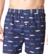 Enjoy the ride in these comfortable cotton boxers with car graphics from Tommy Hilfiger.