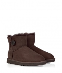 A stylish twist on a venerable classic, the Ugg Australia chocolate Mini Bailey Button boot is a welcome addition to your cold weather casual wardrobe - Crafted from twin-faced sheepskin and featuring exposed seams, reinforced heel, traction outsole and signature Ugg label - Wooden button and elastic band closure - Fleece-lined for superior warmth and comfort - Newer, ankle-length height - Truly versatile, perfect for pairing with everything from skinny jeans to yoga pants to miniskirts