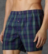 A classic, relaxed-fitting plaid boxer is crafted from crisp woven cotton and adorned with Ralph Lauren's signature pony.