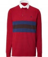 Stylish Eaton red fancy Rugby shirt - Get the updated preppy look in this luxe Rugby shirt - Classic cotton polo style shirt with bold stripes and Polo logo - Wear with chinos and boat shoes for uptown casual - Try with straight leg jeans and trainers