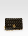 Bright metallic weaving highlights this straw silhouette, finished with polished logo hardware and a chain-link strap.Shoulder strap, 10 drop Flap-front with turnlock closure One outside open pocket One inside zip pocket One inside open pocket Removable compact mirror Suede lining 9W X 6H X 2¾D Imported