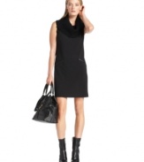 Calvin Klein's mixed-media dress is chic in all black and features a soft, sweater-like cowl neckline and faux leather trim at the pockets.